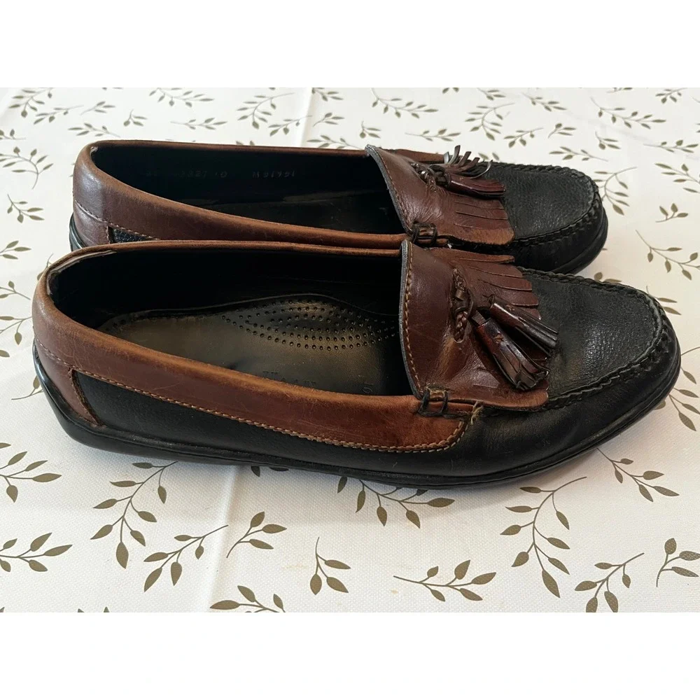 Cole Haan Country Mens 10 M Two Tone Leather Kiltie Tassel Loafers Black Brown